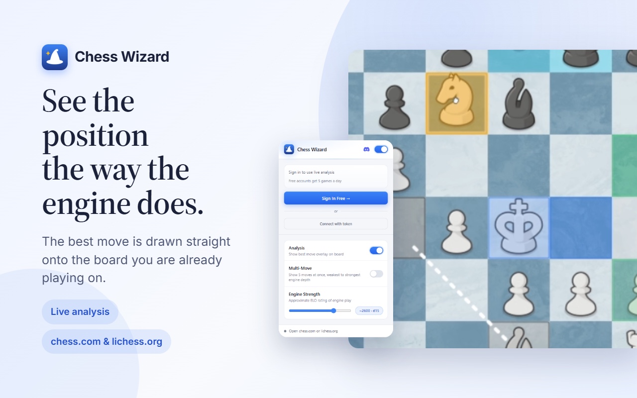 The Chess Wizard popup beside a board with the engine’s best move drawn straight onto it.